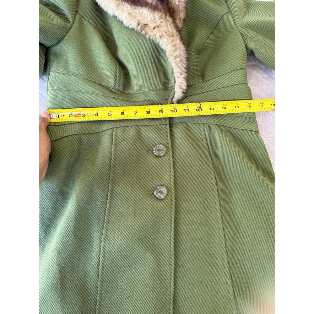Rampa Olive Green Faux Fur Collar Fit & Flare Coat Vintage Y2K Fall Large - Picture 13 of 14